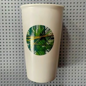 Starbucks 2014 White Green Gold Circle Ceramic 12 Oz Travel Coffee Tumbler w/Lid